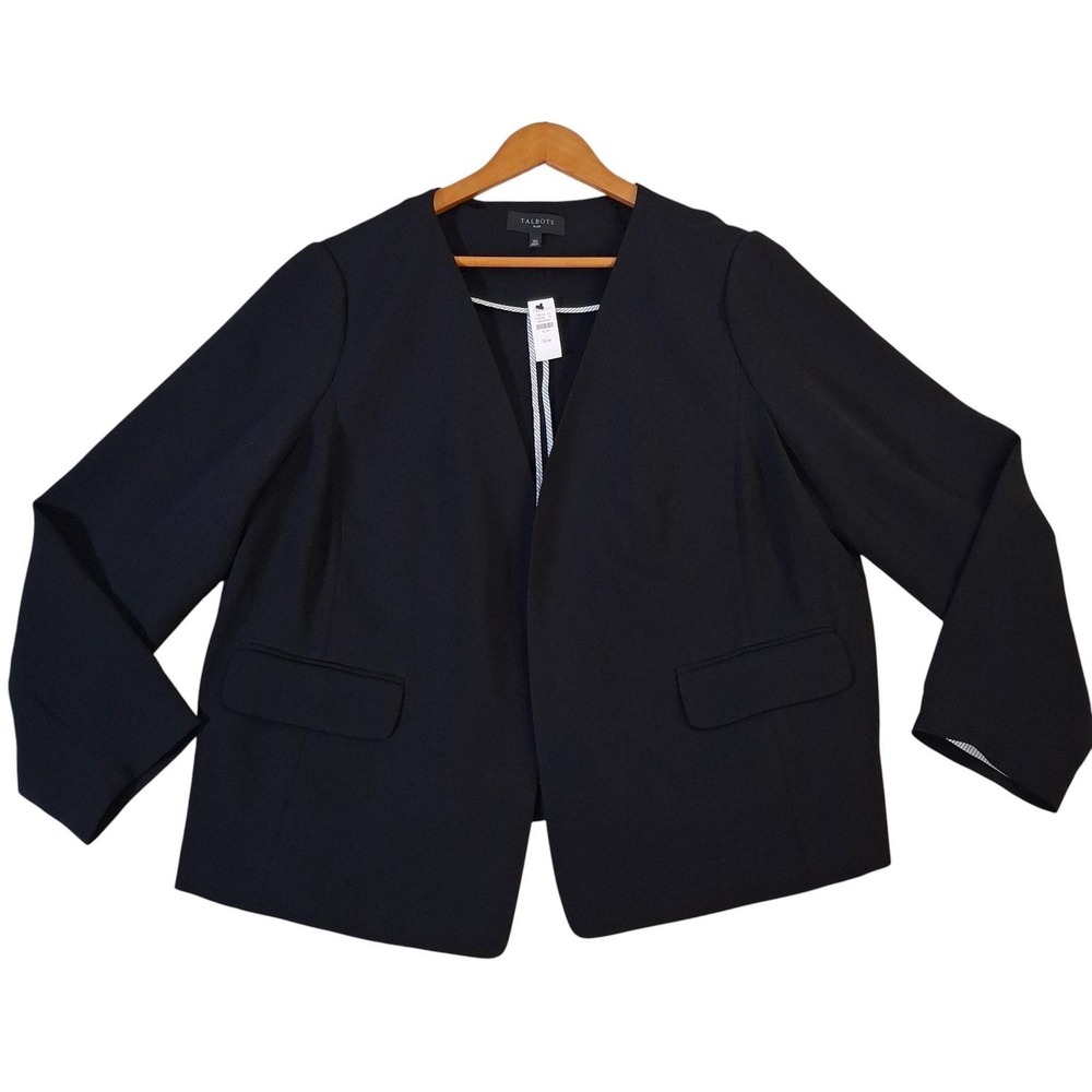 Talbots Blazer Jacket Womens 16W Black Open Front Collarless Plus Workwear Lined